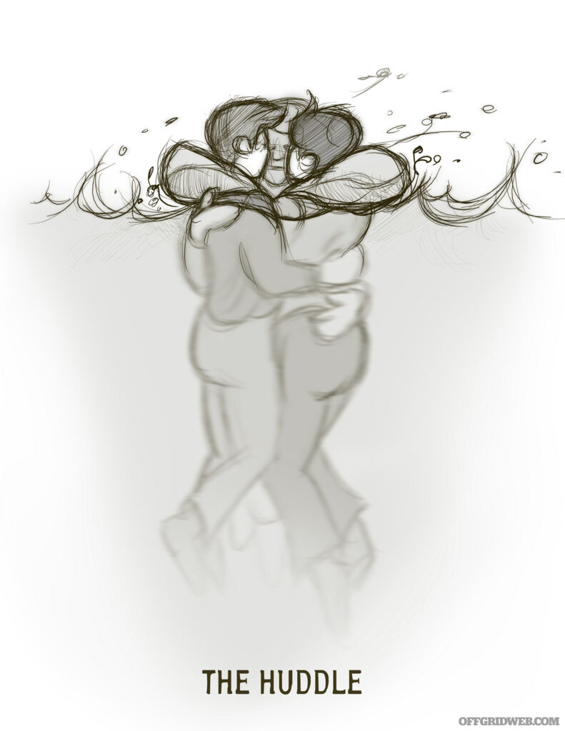 A sketch of two people huddled together in cold water to stay warm.