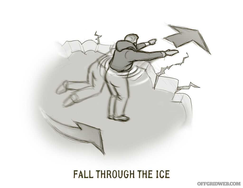 A sketch illustrating how a person laying their arms flat and wide on the edge of the ice after falling through.