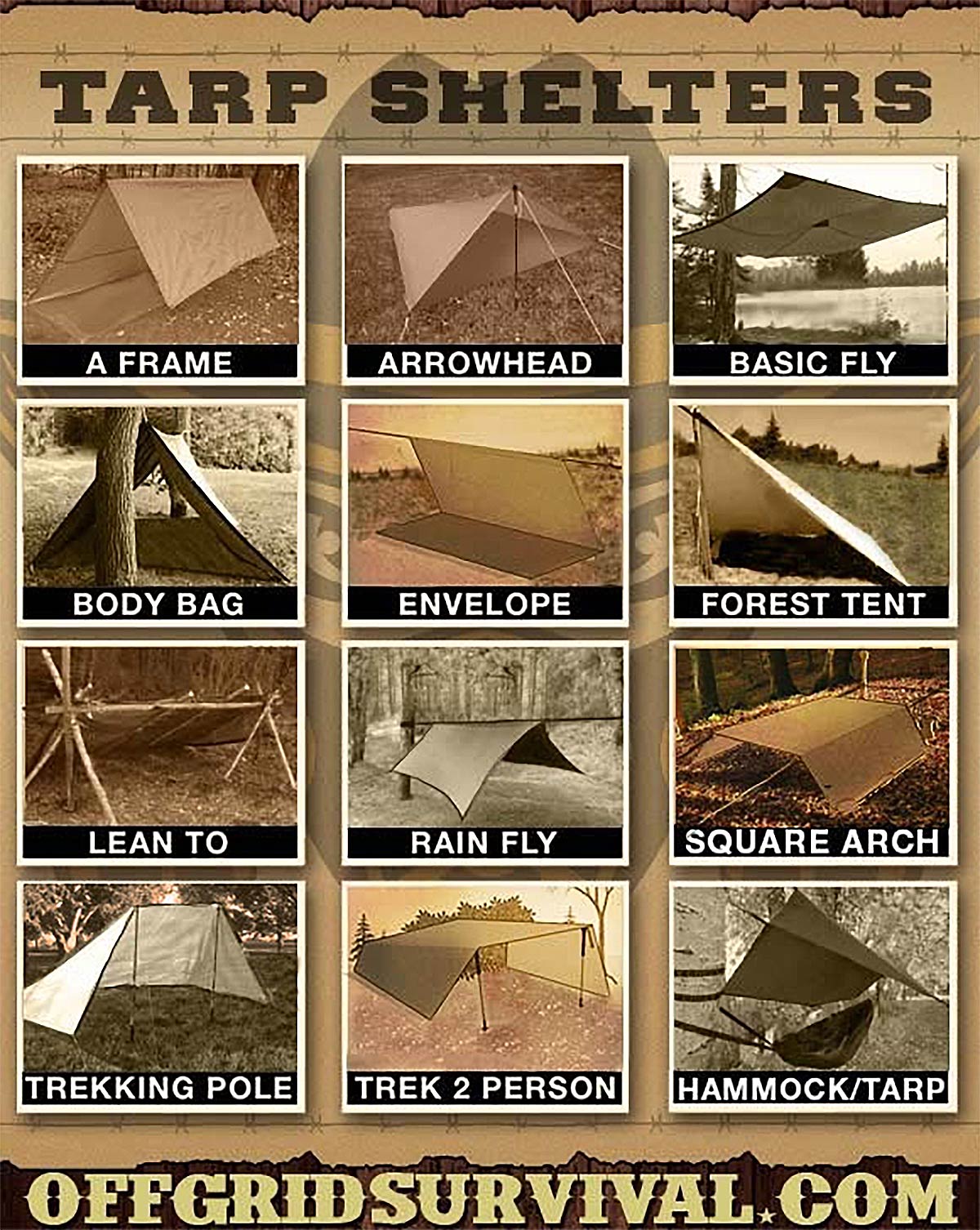 Diagram showing how to make multiple types of tarp shelters.