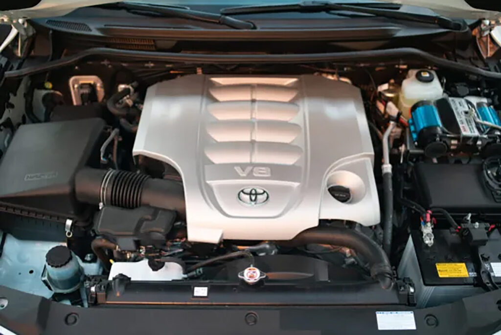 Photo of the engine block of a custom 78-Series toyota land cruiser listed on the Bring a Trailer digital auction platform.