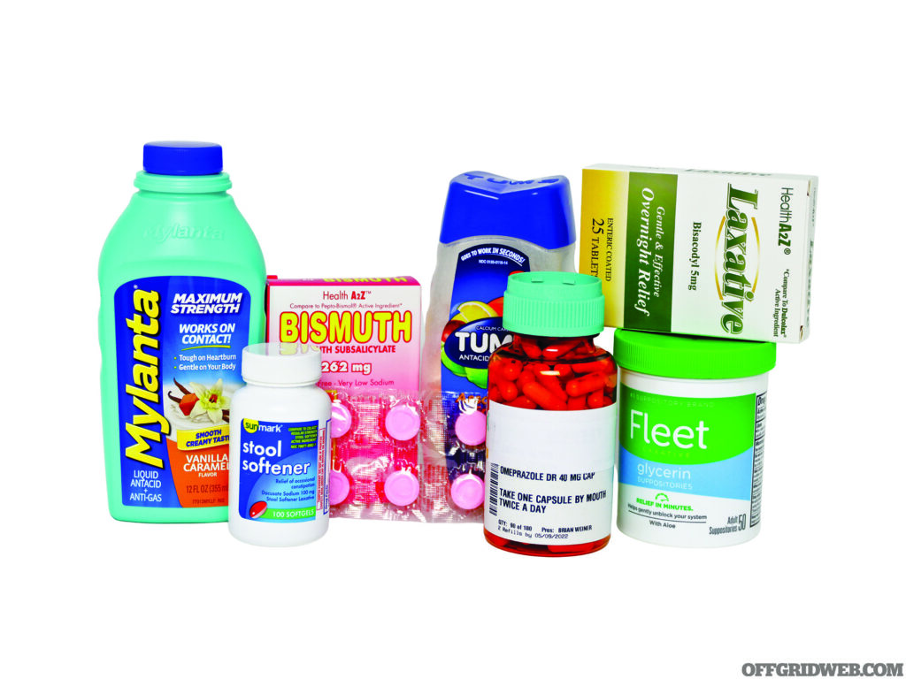 Studio photo of several over the counter medicines used to treat common gastrointestinal problems.