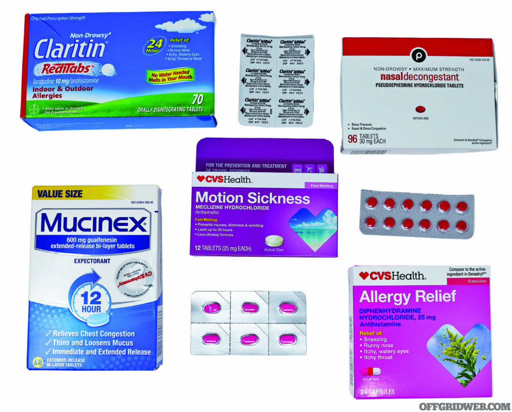 Studio photo of several over the counter medicines used to treat common allergic reactions.