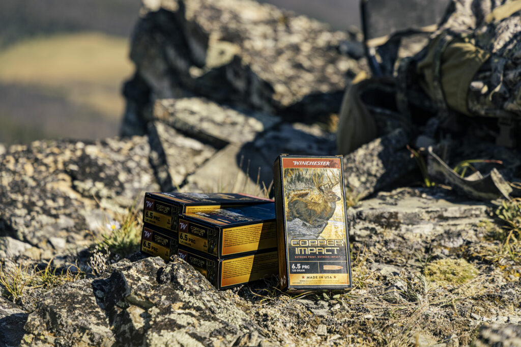 Winchester ammunition in boxes on a rocky outcropping.