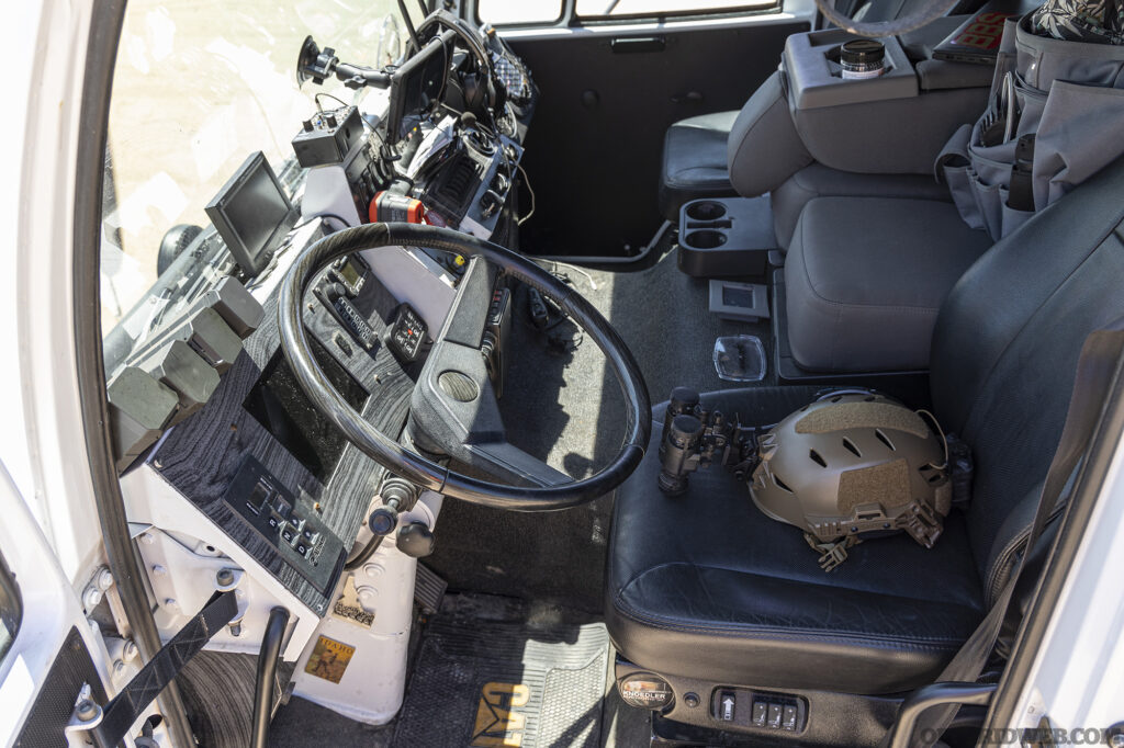 Photo of the inside of the cab in the mil spec overland LMTV.