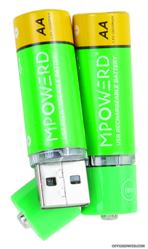 Studio photo of MPOWERD's USB rechargeable AA batteries.