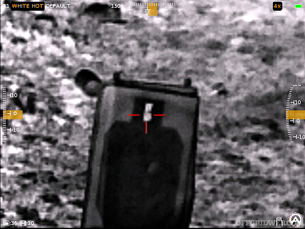 Zoomed in photo of a piece of foil tape on a target as viewed through a thermal optic.