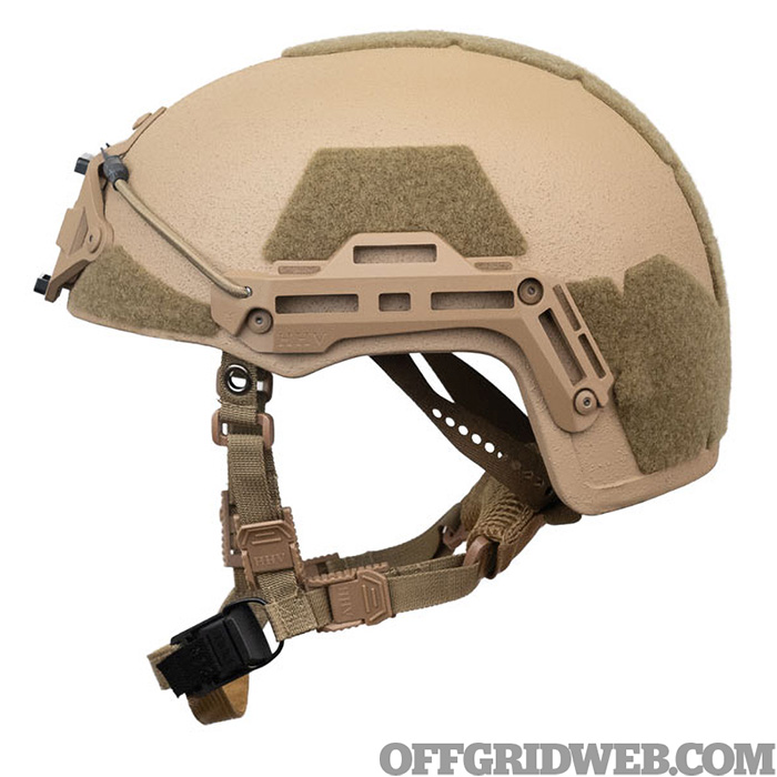 Studio photo of the right side of a ballistic helmet.
