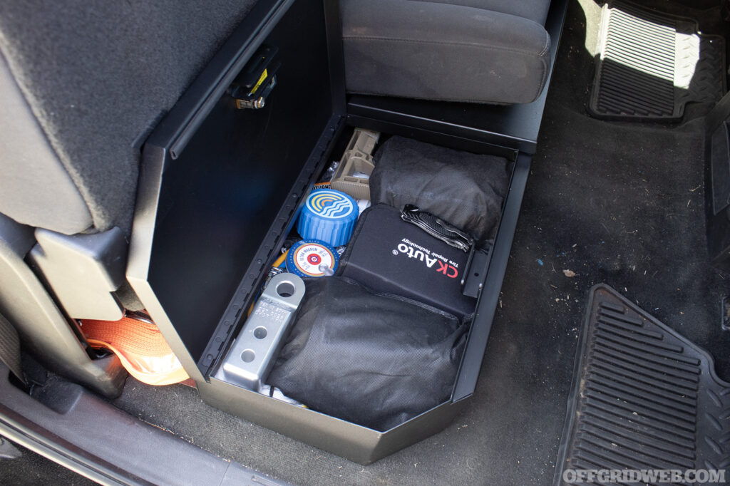 Photo of recovery gear in a Tuffy bench locker.