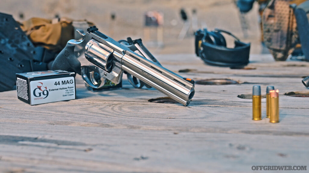 Photo of a .44 handgun displayed on a table.