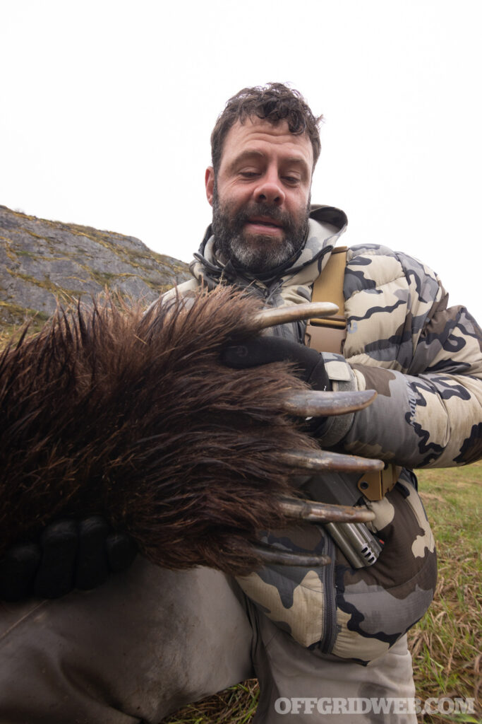 Photo of an adult male holding up a giant brown bear paw.