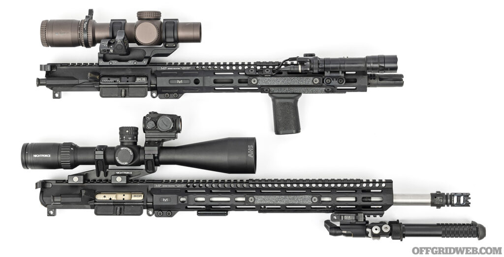 Side by side comparison of two scoped carbine platforms.