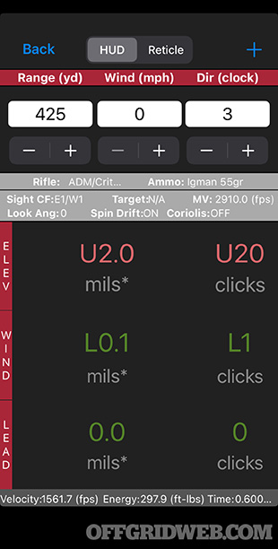 Screenshot of a ballistics app.