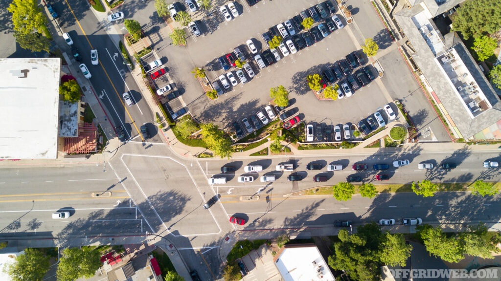 Aerial view of a parking lot.