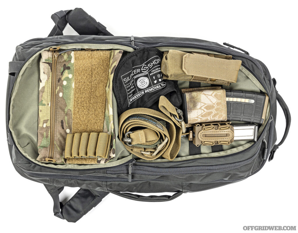 Photo of a 5.11 backpack filled with tactical gear.