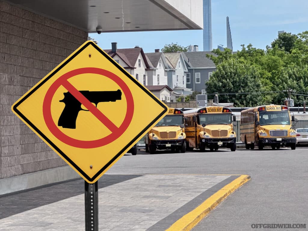 Road sign quoting “Stop gun violence” in front of a school building