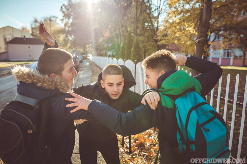 Several teenage boys on their way to school.