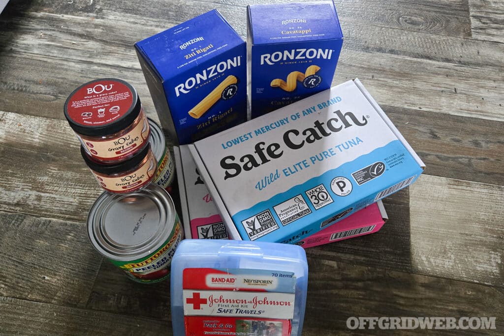 image shelf stable foods and a first aid kit