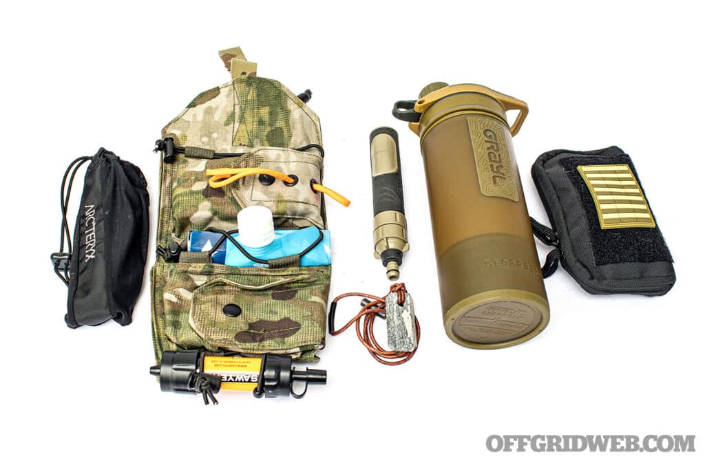 Image of Medical and Emergency tools, including first aid kit and assorted water filters