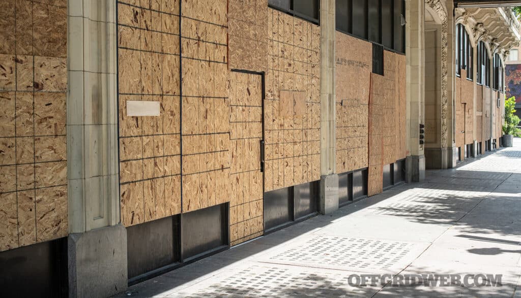 Image of boarded up stores