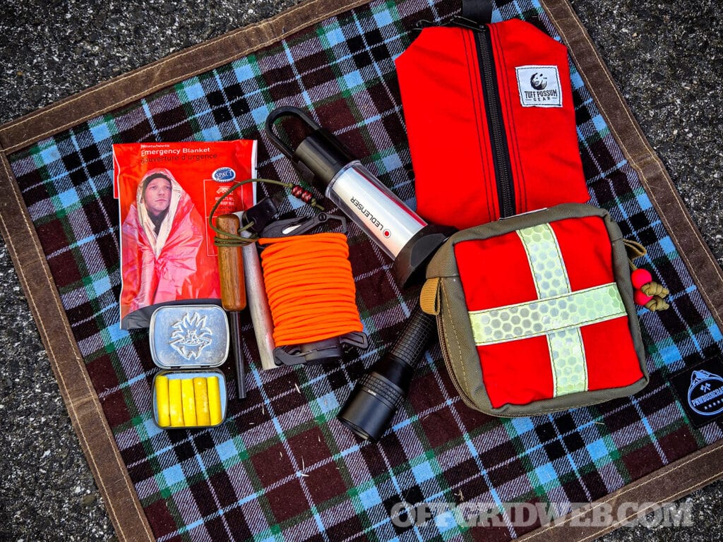 assorted emergency supplies for offgrid travel