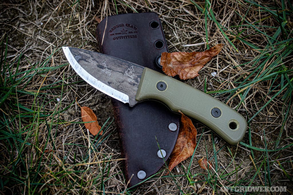 Image of a Knives by Nuge Wicket XL and badger claw outfitters pocket sheath