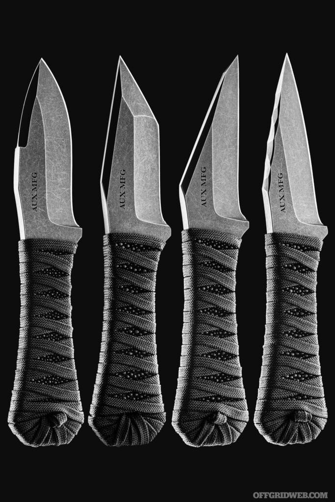 Auxiliary Manufacturing coffin handle knives. Photo by Swedge Media