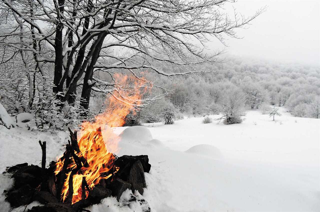 a camp fire in the snow